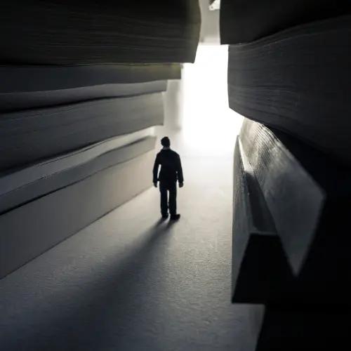 Figura humana caminando entre grandes libros, simbolizando el viaje a través del conocimiento en la terapia construccionista.