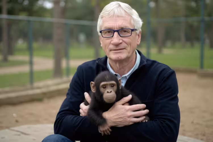 Frans de Waal y un joven chimpancé, ejemplificando su trabajo sobre conducta primates