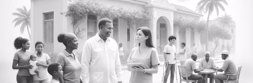 Psicología de la salud en Cuba con psicóloga de APS y pacientes frente a un policlínico